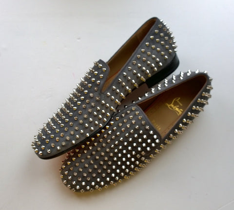 Christian Louboutin Rollerboy Spikes Grey Suede Loafers with Silver Studs Gray Flat Shoes Dandelion