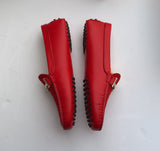 Tod's Double T Red Leather and Suede Quilted Loafers Gommino Silver Buckle
