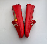 Tod's Double T Red Leather and Suede Quilted Loafers Gommino Silver Buckle