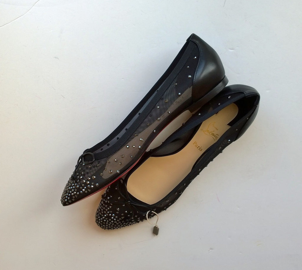 Christian Louboutin Patio Black Mesh Rhinestone Flats New Strass Shoes –  AvaMaria