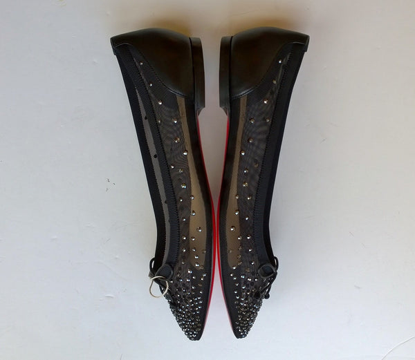 Christian Louboutin Patio Black Mesh Rhinestone Flats New Strass Shoes