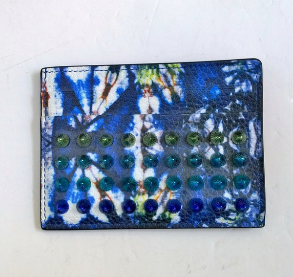 Christian Louboutin Kios Card Case Blue Tie Dye Leather Studs Wallet