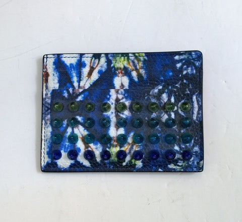 Christian Louboutin Kios Card Case Blue Tie Dye Leather Studs Wallet
