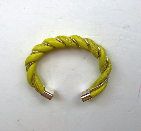 Bottega Veneta Twist Lime Leather and Silver Spiral Cuff Bracelet