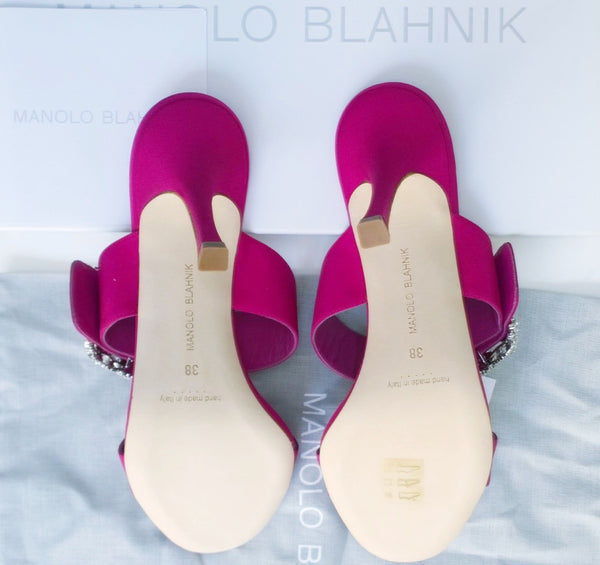 Manolo Blahnik Gable Fuchsia Satin Rhinestone Buckle Slides Sandals sale Heels