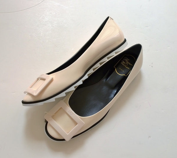 Roger Vivier Viv Gommette Cream Patent Shoes with rubber wedge flats