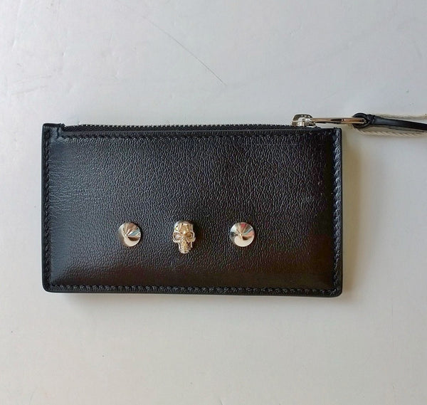 Alexander McQueen Card Wallet in Black Leather with Gold Skull Detail Pouch