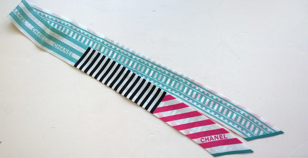 Chanel Silk Twilly Scarf Slim Bandeau Logo Stripes Accessories