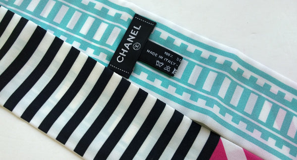 Chanel Silk Twilly Scarf Slim Bandeau Logo Stripes Accessories