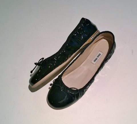 Miu Miu Draped Black Patent Leather Ballet Shoes Pleated Ballerina Flats