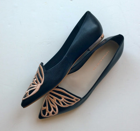 Sophia Webster Butterfly Bibi Flats in Black Leather with Rose Gold