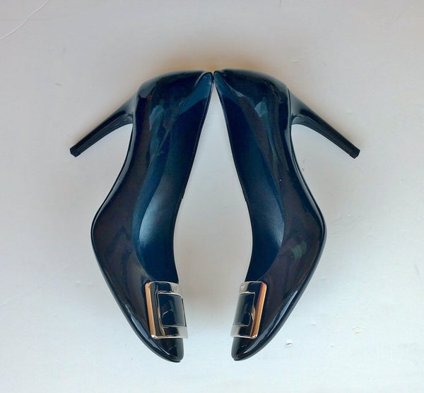 Roger Vivier Belle du Nuit Black Patent 85 Heels Buckle Shoes New