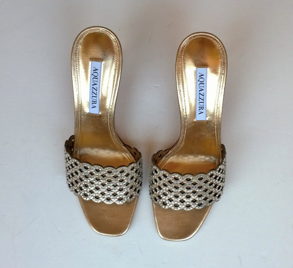 Aquazzura Gold Candy 75 Crystal Rhinestone Slides Sandals