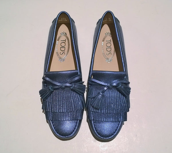Tod's Denim Metallic Blue Leather Loafers with Tassels Driving Shoes Gommino
