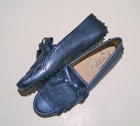 Tod's Denim Metallic Blue Leather Loafers with Tassels Driving Shoes Gommino