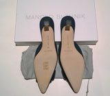 Manolo Blahnik Maysale 50 Navy Crepe Heels with Mother of Pearl Buckle Mules Blue Shoes