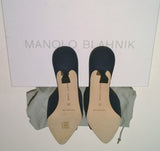 Manolo Blahnik Maysale 50 Navy Crepe Heels with Mother of Pearl Buckle Mules Blue Shoes