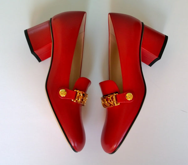 Gucci Sylvie Red Leather Loafers with Block Heels New Shoes