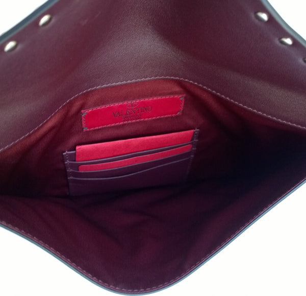 Valentino Garavani Rockstud Envelope Clutch Burgundy Leather Bag